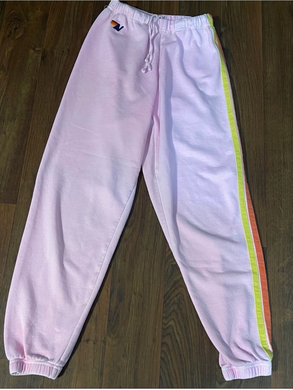 Aviator Nation Pink Track Pants with Rainbow Side Stripes
